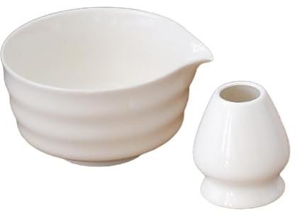 Colcolo 2-Teilige Matcha-Schüssel, Handgefertigt für die Matcha-Zeremonie, mit Schneebesenhalter und Ausgießer, Liefert Schneebesen-Teeschale, Japanische Matcha-Schüssel für Anfänger, Weiß