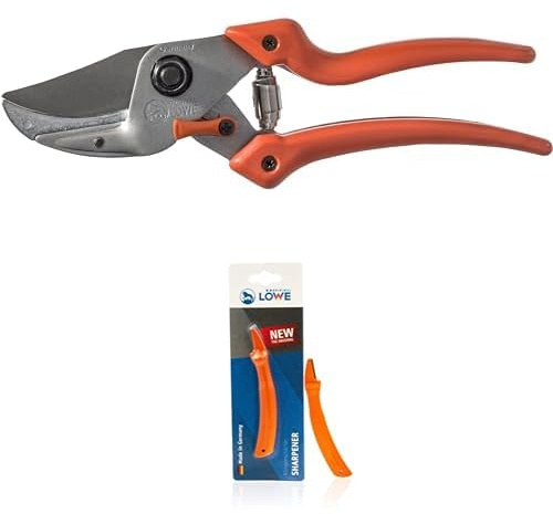 Original LÖWE 8 Set bestehend aus Profi Amboss Gartenschere 8.107 mit Bypass Geometrie für Schneidarbeiten im Garten & Klingenschärfer 0022 für Gartenscheren und Industriescheren