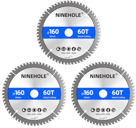 Ninehole 3Stück 160 x 20mm x 60Zähne Sägeblatt Kreissägeblatt für Holz, Sperrholz, Laminat, Trockenbau, Kunststoff, Plastik (3x160x20, 60T)
