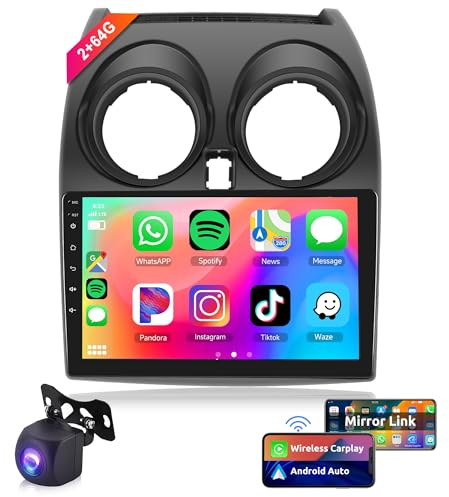2G+64G Wireless Carplay Android 13 Autoradio 2 Din für Nissan Qashqai J10 2006-2016 9 Zoll Autoradio mit Android Auto GPS Navi WiFi Mirror Link Bluetooth FM/RDS/EQ Lenkradsteuerung Rückfahrkamera