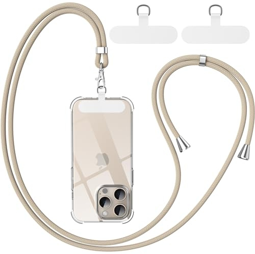caslord Phone Lanyard, 1.6m Adjustable Universal Phone Strap Crossbody with 2 Durable Patches, Phone Neck Strap for phone Compatible with Most Smartphones and Cases - White and Camel