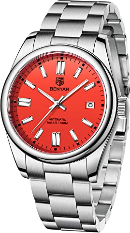 BENYAR 5185 Orologio automatico da uomo cinturino in acciaio inox impermeabile luminoso casual business sport analogico a carica automatica Data orologio da polso, Rosso, Classico