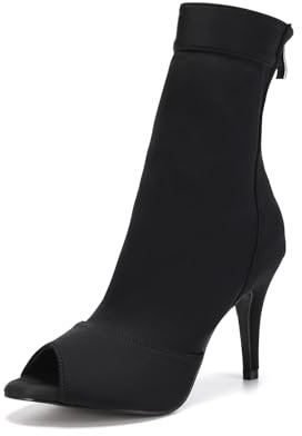 SWDZM Scarpe da Ballo Stivaletto Latino Americano Donna Punta Aperta con Tacco Alto Stivaletti da Sala Festa,Nero,Tacco 8.5cm,Gomma,39 EU