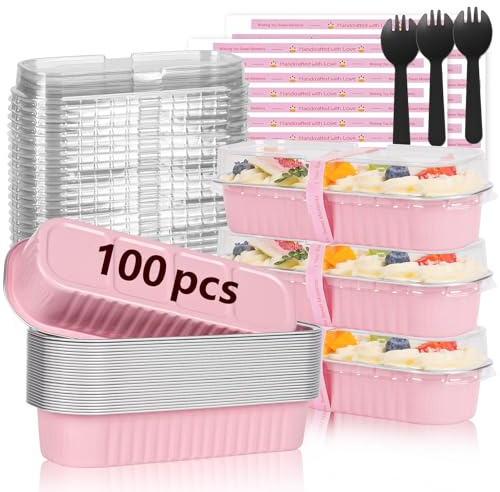 YQER 100 Pack Mini Loaf Pans with Lids and Spoons Sealing Sticker, 6.8oz Mini Cake Pans for Baking, Disposable Aluminum Foil Loaf Pans, Pink Loaf Baking Pans, Small Cake Containers With Lids