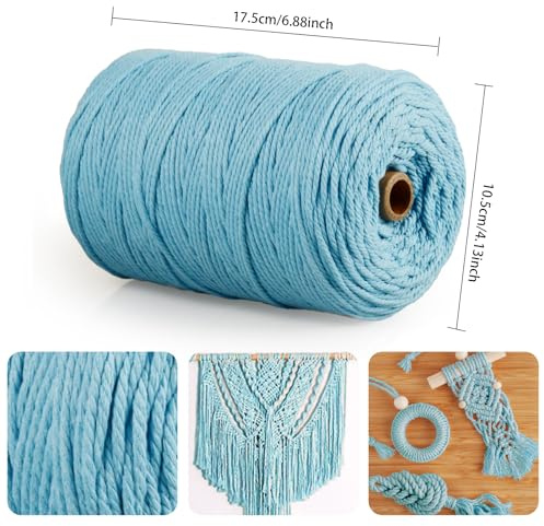 Posan Makramee Garn 3mm x 300m, Natur Baumwollgarn ohne Chemie, Macrame Cord für DIY Handwerk Basteln Wandbehang Blumenampel Pflanze Aufhänger Stricken (Hellblau)