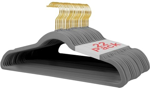 Wellong Kleiderbügel Samt, 45 cm rutschfeste Filz Bügel, Stabile Anzugbügel mit Schulterkerben, Platzsparende Kleiderbügel für Mäntel, Hosen, Silbe, 22 Stück – Grau mit Goldene Haken