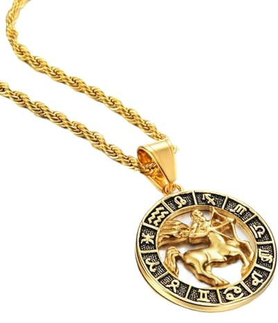 Sagittaire 12 Constellations Pendentif Colliers Pour Hommes Femmes - Disque Creux Signes Étoiles Vintage Corde Chaîne Signes Du Zodiaque Bijoux, Horoscope Astrologie Céleste Bijoux, Sagittaire, 4