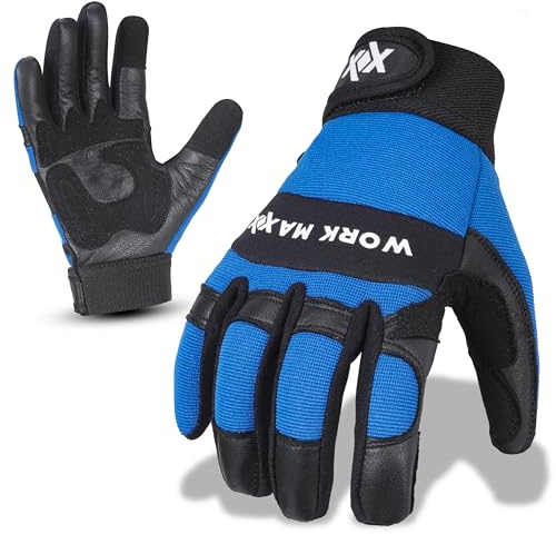 WORKMAXX Gardening Working Gloves Garden Thorn Proof Flexible Heavy Duty Leather Mechanic Utility Dexterity Breathable Construction Gloves for Work Mens Women (BLUE, LARGE)