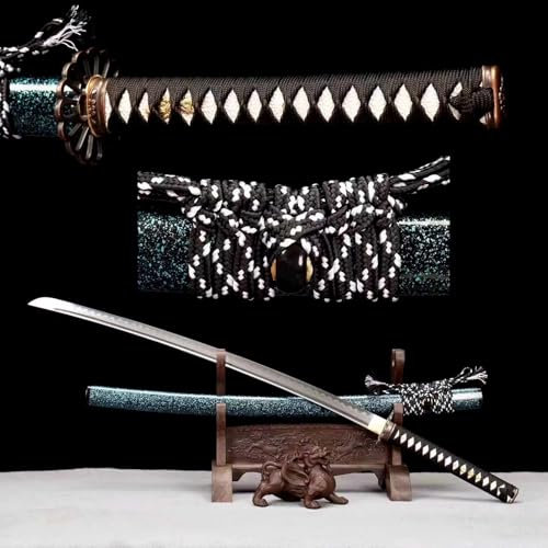 103cm handgefertigte Katana,hochwertige Klinge aus Kohlenstoffstahl mit handgebranntem Wellenmuster,Scheide aus massivem Holz mit Lack,echtes Samurai schwert zum Spielen,Kampfsport,Rollenspiele,Kendo