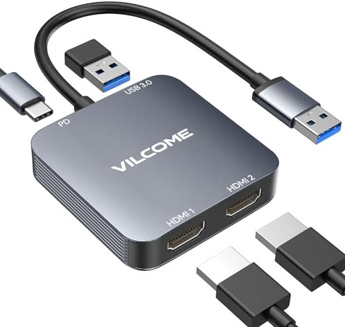 USB to HDMI Adapter, USB 3.0 to Dual HDMI Adapter with USB 3.0 Port, Audio Video Graphics Converter Cable for Laptop Monitor Desktop TV, Compatible with Mac OS, Windows