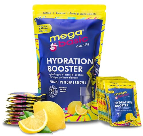 MEGA BASIC® HYDRATION BOOSTER - Elektrolyt Pulver - Basisch-Isotonisches Sportgetränk, Premium Elektrolyte - Für Sport, schnelle Regeneration & optimale Hydratation - 20x20g Sticks - Zitrone