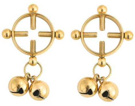 2Pcs Round Bells Fake Nipple Rings for Women Stainless Steel Minimalist Punk Non Piercing Nipple Rings Silver Ball Bell Drop Dangle Adjustable Fake Nipple Piercing Jewelry (Gold)