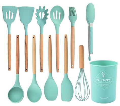 Juego Utensilios de Cocina de Silicona 12 Piezas sin bpa, set de utensilio de cocina antiaderente, Resistente al Calor y Antiadherente con Mango de Madera para cocina Utensilios sin BPA (Turquesa)