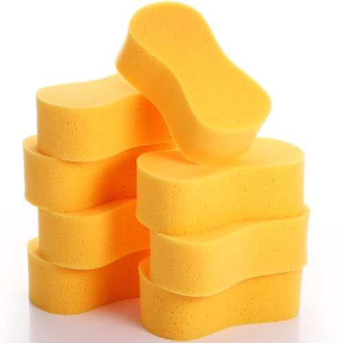 Tioncy 8 Pcs Giant Car Wash Sponges 9 x 4.7 x 3 Inch Extra Large Car Cleaning Bone Sponges Bulk All Purpose Easy Grip Thick Foam Scrubber for Boat Garage Kitchen Bathroom Household Cleaning (Yellow)
