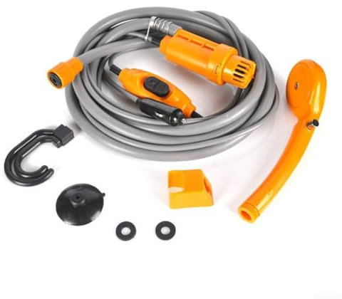 Bomba de agua de ducha de camping al aire libre de 12 V CC con cable de 5 m y manguera de 2 m para viajes y aplicaciones domésticas (amarillo)