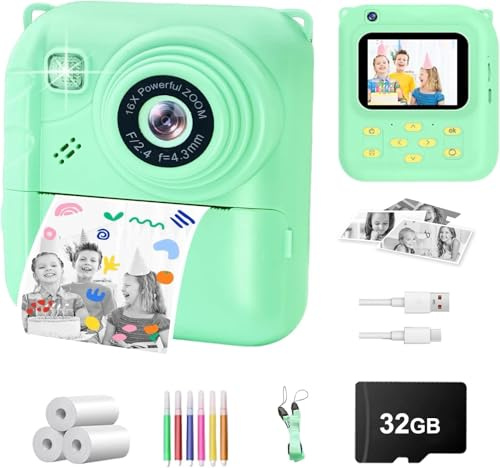 Sofortbildkamera Kinder, 1080P Digitalkamera mit 3 Druckrollen, 32GB Karte & Hülle, Kinderkamera mit Spielen, Filtern, Musik, Geschenk 3–12 Jahre (olivgrün) | 32GB Karte & Cute Cover, Geschenk für Mädchen Jungen Alter 3-12, Kleinkind Digitalkamera mit Spielen, Filtern, Musik - Grün