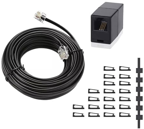 HAWAKA Phone Extension Cord 25FT, Straight Through Telephone Cable,Long Telephone Cable with Standard RJ11 Plug and 1 in-Line Couplers and 20 Cable Clip Holders (BK-25Feet)