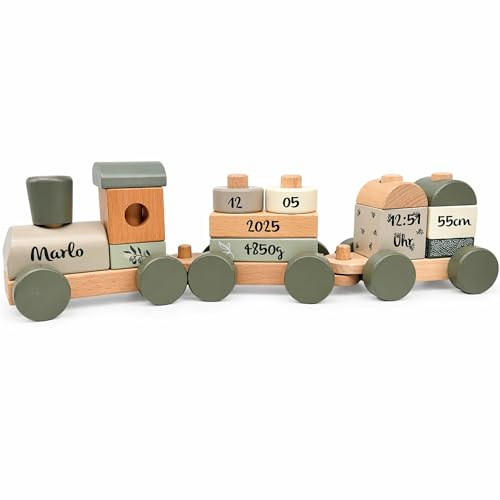 Personalisierte Holzeisenbahn Olivgrün – Personalisierte Geschenke Baby I Steckspielzeug I Geschenk zur Geburt Jungen & Mädchen I Holzzug mit Name & Geburtsdaten – Label Label