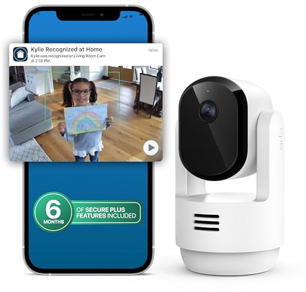 Arlo Essential Indoor Pan Tilt Zoom Security Camera 2K - 1-Cam + 6 Mo Plan | 360° pan & 180° tilt; 2K pet camera; Auto motion tracking; Animal detection; Animated preview; 6-mo Secure plan incl.