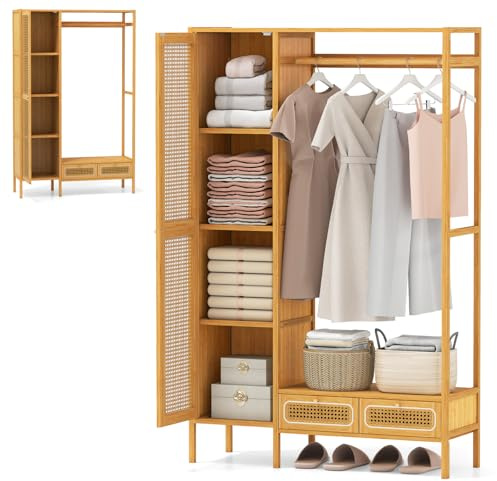 HOMASIS 4 in 1 Kleiderständer mit Kleiderschrank, Kleiderstange, Ablage & 2 Schubladen, Bambus Garderobenständer groß, Garderobe Jackenständer für Flur Wohnzimmer Schlafzimmer, 102x33x160cm, Natur