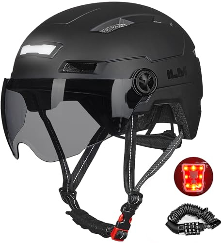 ILM Casque Velo VTT Homme Femme Casques de Cyclisme Adulte Visiere avec Cadenas Lumière LED Avant et Arrière Rechargeables par USB E3-10L,Noir Mat,L/XL