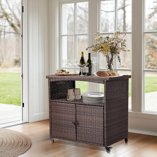 VINGLI Outdoor Storage Cabinet with Wheels, Waterproof Woven Rattan with Double Magnetic Doors, Mobile Multi-Purpose Cabinet for Storage, Buffet Server, Bar Table, Potting Bench (Wood Top)