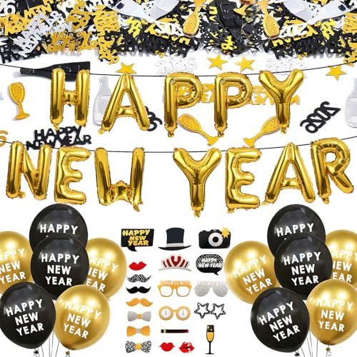 Silvester Deko 2026 Set,Happy New Year Girlande,Neujahr Deko 2026 Set,Schwarz Gold Konfetti Ballons,Glitzer Vorhänge,Silvester Dekoration Set,Neujahrsdeko Silvesterpartydeko Accessoire
