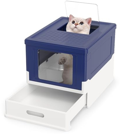 COSTWAY Lettiera per Gatti Pieghevole con Ingresso Frontale, Blu | Toilette per Gatti Chiusa con Coperchio Ribaltabile, Vaschetta a Cassetto per Gatti Piccoli e Medi sotto 10 kg