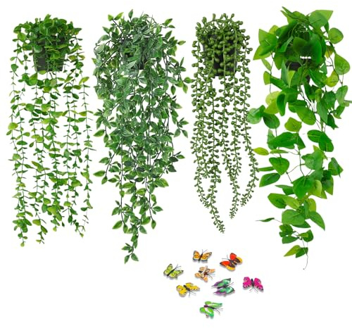 BELICOO Artificial Hanging Plant Fake Plants, Artificial Plants Indoor | 4 Pack Fake Ivy Faux Plant with Pots for Indoors Outdoor Room Office Patio Wall Decor (Datura)