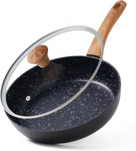 Jovire Nonstick Frying Pan (Black, 28cm+Lid) | Aluminum Frying Pan | With Wooden Handle | Induction & Stovetop Ready | Ceramic Coate | PFOA Free | Oven Safe