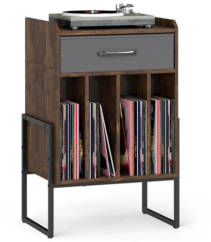 KOMFOTTEU Mueble para Tocadiscos con 4 Compartimentos y Cajón de Tela | Mesa para Tocadiscos con Patas Elevadas, Soporte de Discos de Vinilo para Sala de Estar, Dormitorio, 42 x 33 x 69 cm