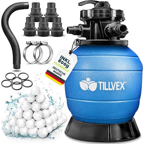 tillvex® Filtro de Arena para Piscina SIN Bomba + Bolas filtrantes hasta 35 m³ (35.000 litros) | Depósito Filtro Piscina Incl. Adaptador Ø32-38mm | Válvula 7 vías, manómetro & Tubo de aspiración