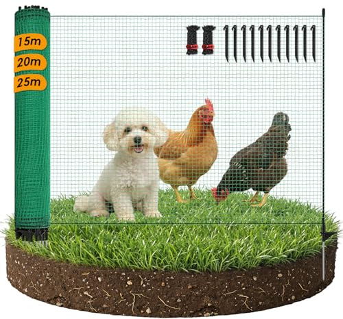 Jaxguom Mobiler Hundezaun 20m x 95cm, Komplett-Set mit 12 Fiberglas-Pfählen, 15 Heringen & 2 Spannseilen, Flexibler Weidezaun, Gartenzaun, Steckzaun für Hunde, Hühner & Kleintiere, Engmaschig, Grün