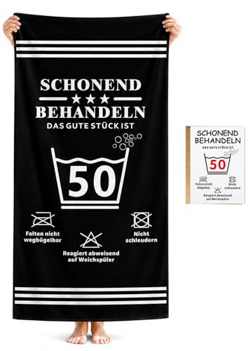 Gratitopia Geschenk zum 50 Geburtstag Mann Frau - Lustiges Strandtuch 160x80cm mit Schonend Behandeln Motiv & Karte - Mikrofaser Badetuch für Herren Geschenke 50 Jahre
