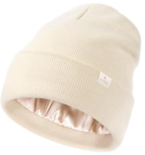 YANIBEST Satin Lined Beanie for Women Reduce Frizz Winter Hats for Women Men Silk Lining Soft Slouchy Warm Cuffed Less Static Beige