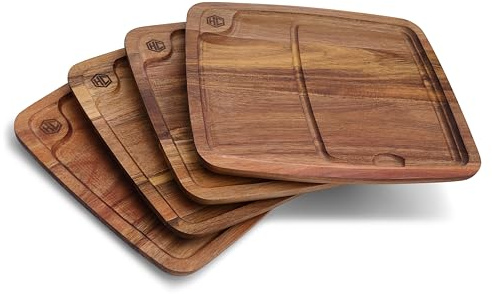 HexClad Bistecca Steakteller-Set aus Holz, 4-teilig mit Saftkanal für Fleisch, leicht zu reinigen, leicht und langlebig