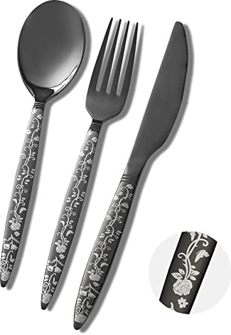 Xingjiake 12-Piece Black Silverware Set, Flower Pattern Fancy Knife, Spoons and Forks, Stainless Steel Flatware Cutlery, Serving Utensil Set With Steak Knives, Forks and Spoons