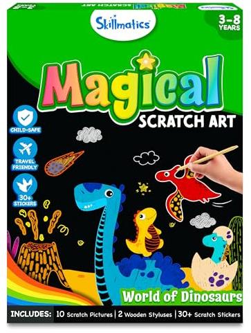 Skillmatics Scratch Art Book for Kids - Dinosaurs, Craft Kits & Supplies, 30+ Scratch Stickers, Travel Toys, DIY Kit, Gifts for Boys & Girls Ages 3, 4, 5, 6, 7, 8