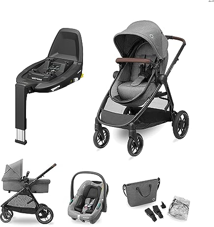 Maxi-Cosi Zelia S Trio Kinderwagen 3 in 1 Set, FamilyFix 3 ISOFIX Basisstation Bundle - Kinderwagen Travel System inkl. CabrioFix S i-Size Autositz, 0-4 Jahre, bis 22 kg, Grau + FamilyFix3, Black