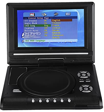 PenRux Lettore Dvd Portatile da 7 Pollici con Schermo LCD Ad Alta Definizione, Rotazione di 270 Gradi, Funzione TV, Supporto Giochi, Uscita AV per Auto e Viaggi (Spina Europea)