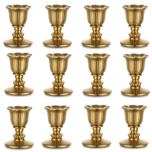 Vintage ljusstake ljushållare stavljus mässing – Romadedi set om 12 liten hållare för stång guld för retro antik bordsdekoration bröllop vardagsrum jul fest adventskrans dekoration