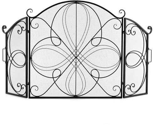 LIFEZEAL Faltbares Feuerschutzgitter Metall, 3-teiliges Kaminschutzgitter 151 x 83 cm, Funkenschutz Kaminabdeckung für offenes Feuer, Kaminfunkenschutz Funkenschutzgitter, Schwarz