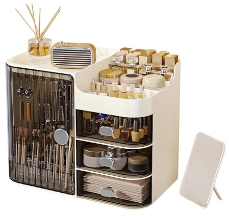 DASITON Make up Kosmetik Organizer mit 3 Schubladen,Großer Kosmetik Aufbewahrung Pinsel Organizer mit Spiegel,Makeup Organizer Schmink Aufbewahrung für Schminktisch,Badezimmer(Schwarz-Creme)