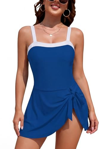 SHEKINI baddräkt för kvinnor, elegant badklänning, magkontroll, baddräkter med kjol, justerbar baddräkt, sommar, baddräkt, strandbaddräkt, badkläder, blå, XXL