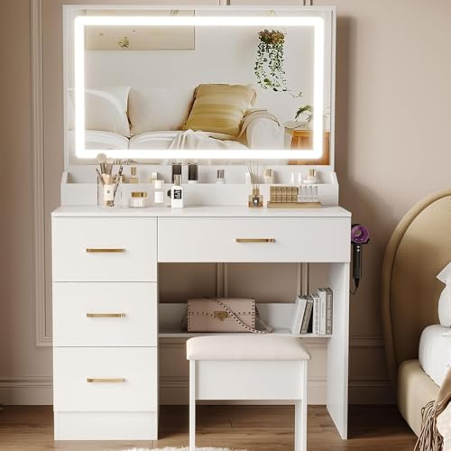 KYXBBDA Dressing Table with Mirror and Stool: Vanity Desk Makeup Table with Mirror and Chair - Dressings-Table with LED Lights, 3 Color, Adjustable Brightness, Hairdryer Holder for Girls,Bedroom