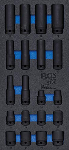 BGS 4130 | Kraft-Steckschlüssel-Einsätze Sechskant | 10-24 mm | 20-tlg. | Werkstattwageneinlage 1/3 | 12,5 mm (1/2) | Länge 38 mm und 72 mm | Bohrung für Haltekugel | für Druckluftbetrieb