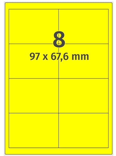 Labelident Laser-Etiketten auf A4 Bogen, neongelb - 97 x 67,6 mm - 800 Papier Aufkleber auf 100 Bogen, selbstklebende farbige Klebeetiketten fluorisierend leuchtfarbig
