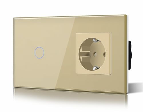 BSEED Touch Lichtschalter mit Steckdose aus Glas, Modern Steckdosen Unterputz, Wandschalter mit LED Hinterlicht (Kein Neutralleiter erforderlich), Kein WLAN, 157mm 1 Fach 2 Wege Gold