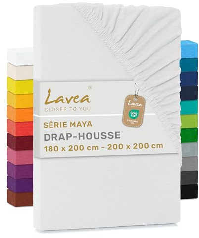 Lavea® Sábana Bajera Ajustable 180x200-200x200 cm – para Cama 180, Colchones Altos hasta 20 cm, 100% Algodón, con Elástico, Blanco