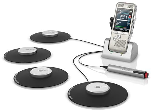 Philips DPM8900/02 Meeting-Recorder-Set, Digitales Diktiergerät inkl. 4 Grenzflächenmikrofonen für 360° Tonaufzeichnungen, SpeechExec Basic Diktiersoftware 2-Jahres-ABO